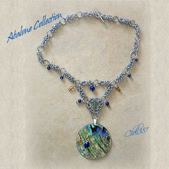Ocean Breeze Abalone chainmaille pendant necklace. with tanzanaite and citrine crystals